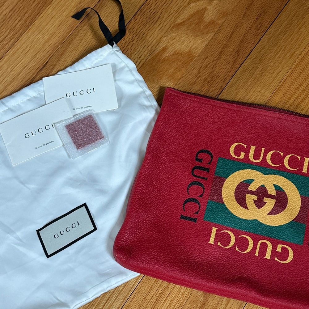 Gucci Red Leather Logo Pouch with Gold & Green Emblem
